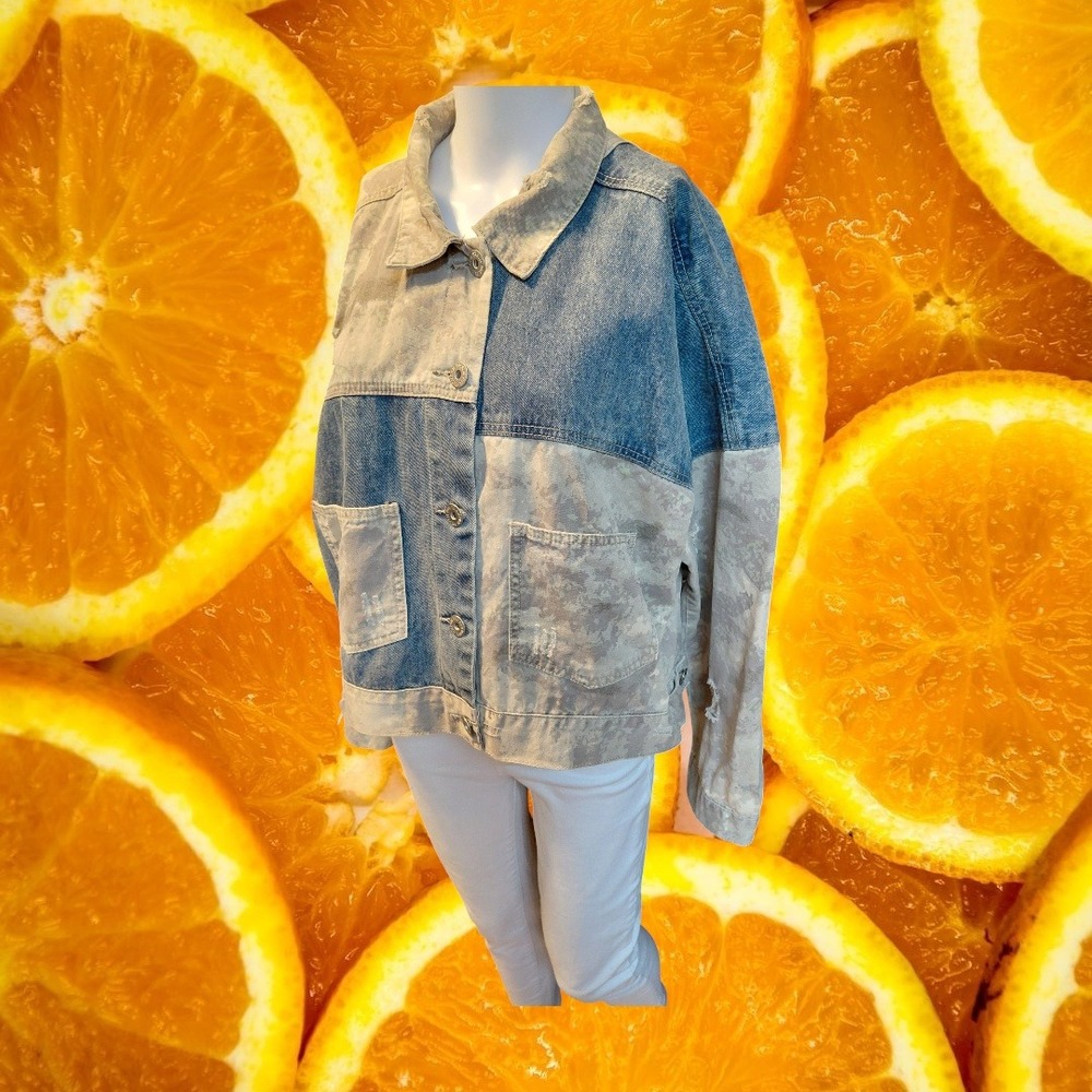 POL Denim Jacket Women Size L Distressed Colorblock Patchwork Blue Tan - Picture 2 of 7